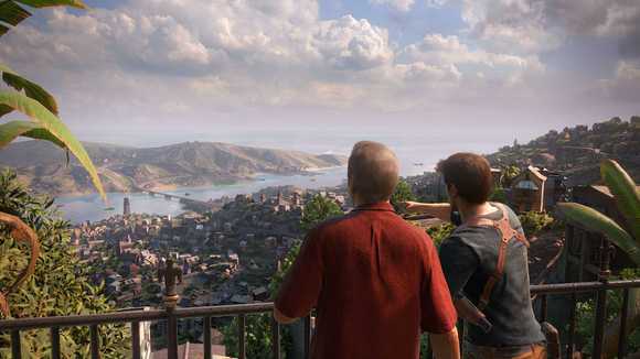 Uncharted 4, Drake and Sully looking out over vista